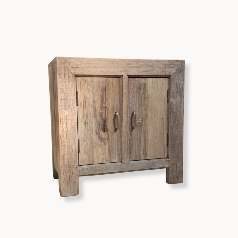White Washed Wood 2-Door Nightstand with Iron Fixtures