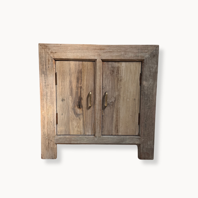 White Washed Wood 2-Door Nightstand with Iron Fixtures