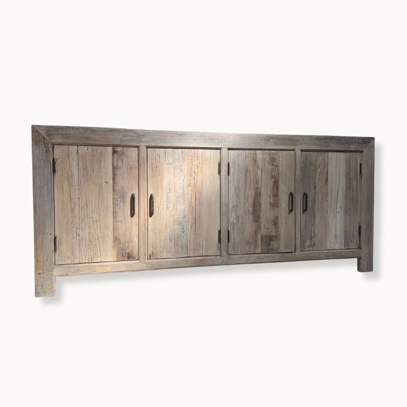White Washed Wood 4-Door Sideboard with Iron Fixtures