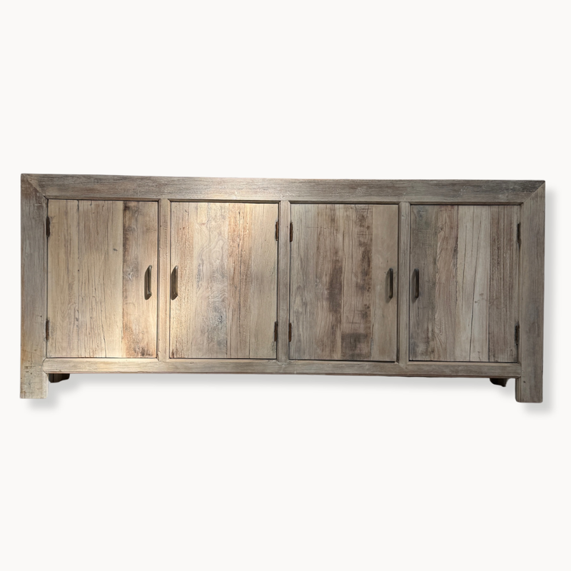 White Washed Wood 4-Door Sideboard with Iron Fixtures