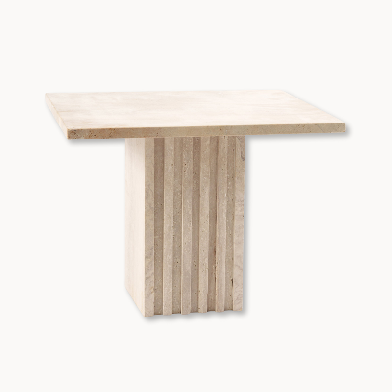 Squared Travertine Side Table with Ribbed Pillar Base