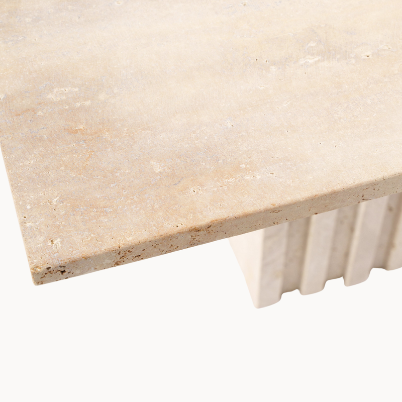 Squared Travertine Side Table with Ribbed Pillar Base