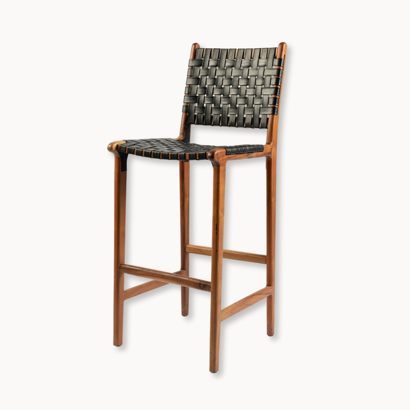 Wooden Bar Stool - Woven Leather