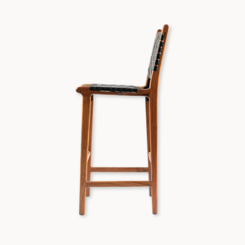 Wooden Bar Stool - Woven Leather