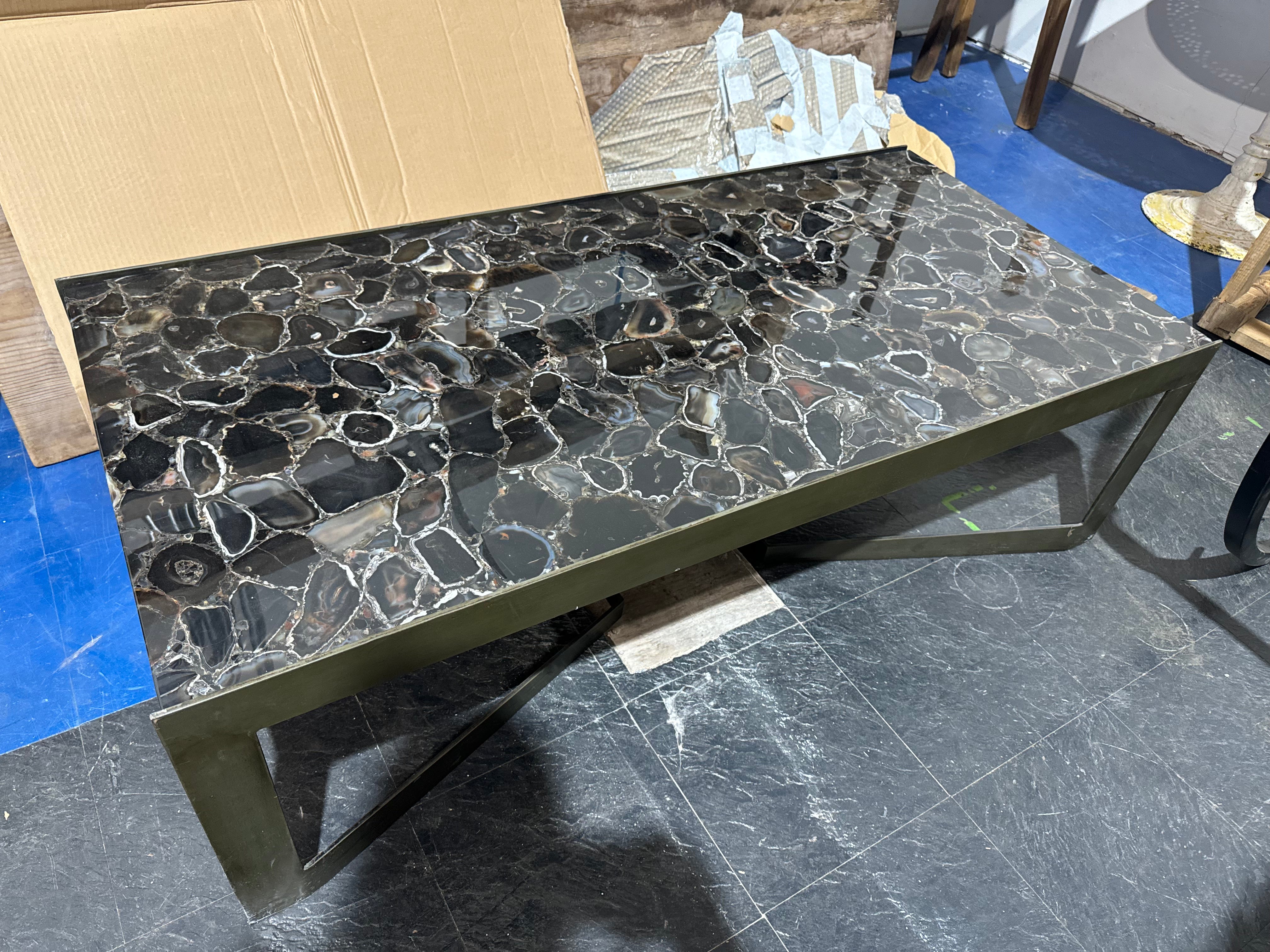 Agate Stone Coffee Table with Metal Base DIM: 54"L x 26"W x 16"H