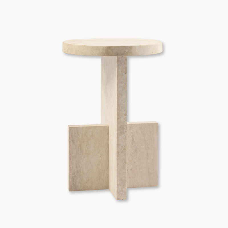 Round Travertine Side Table with Plus Symbol Style Base