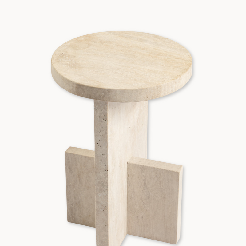 Round Travertine Side Table with Plus Symbol Style Base