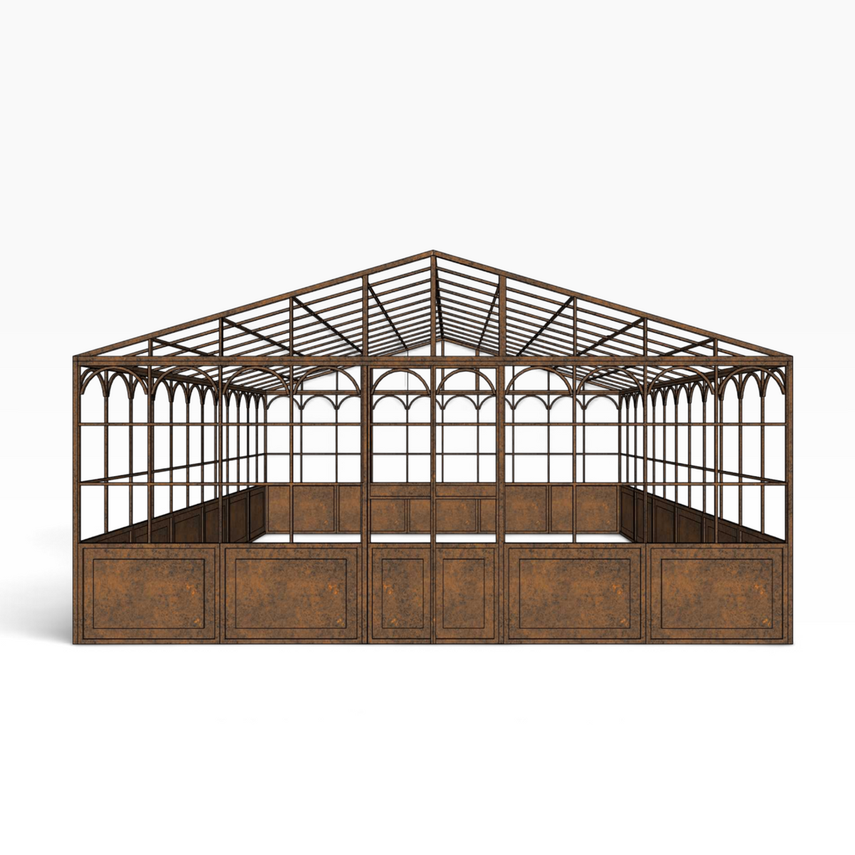 The Well by BDAntiques extra large garden greenhouse with a rustic brown metal frame and elegant arched detailing.