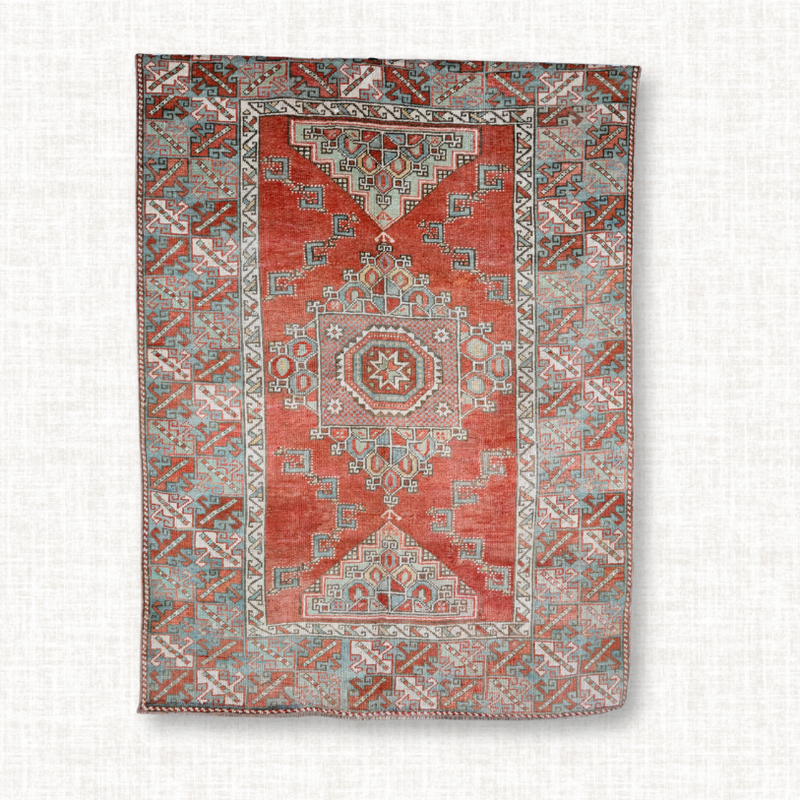Turkish Kars Rug — Terracotta & Sky Geometric Medallion