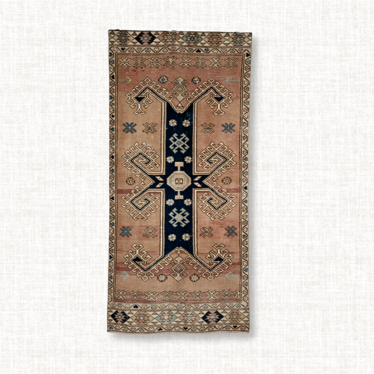Caucasian Kazak Runner — Blush & Midnight Cross Medallion
