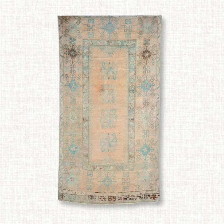 Turkish Oushak Rug — Soft Coral & Aqua Lattice
