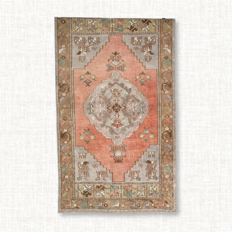 Vintage Anatolian Medallion Rug – Coral & Soft Grey