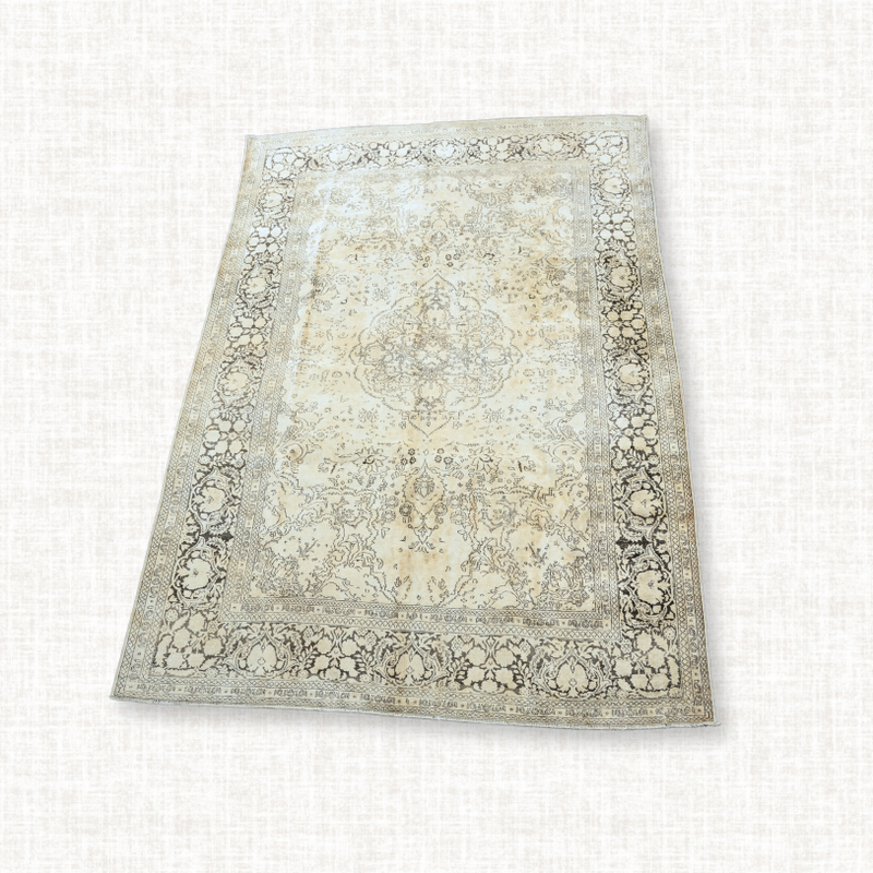 Persian Tabriz Rug — Ivory & Charcoal Floral Medallion