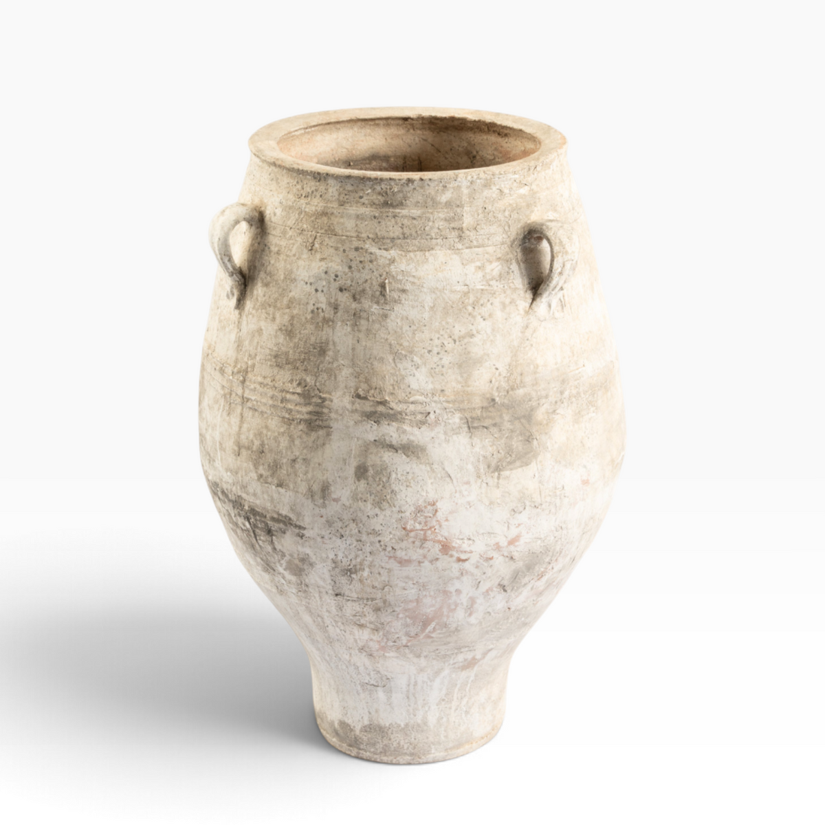 The Well by BDAntiques antique terracotta olive jar with three handles and a weathered, rustic finish.