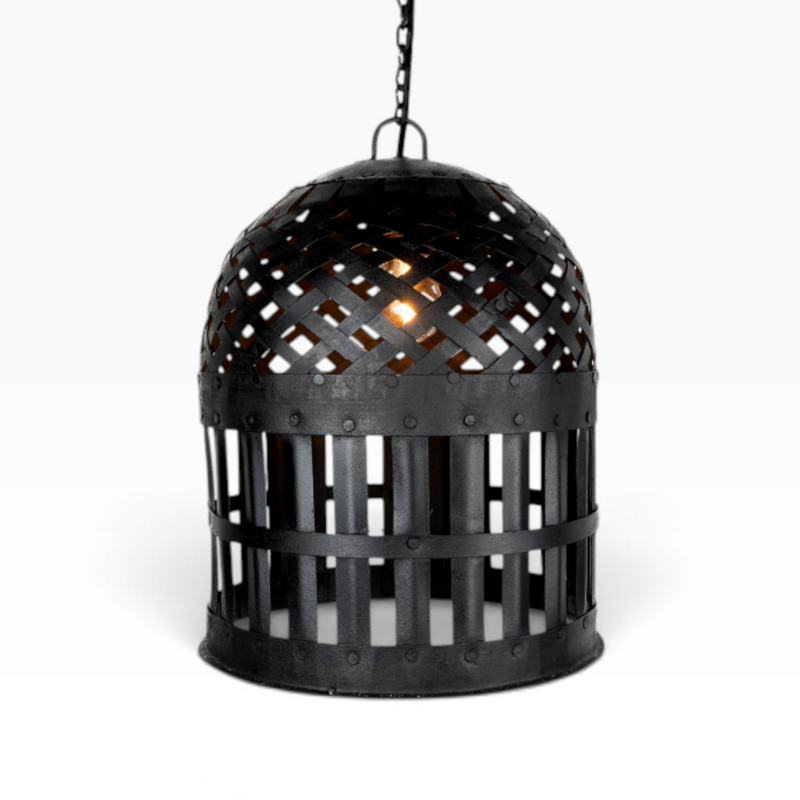The Well by BDAntiques black metal cage pendant light with an intricate lattice design and hanging chain