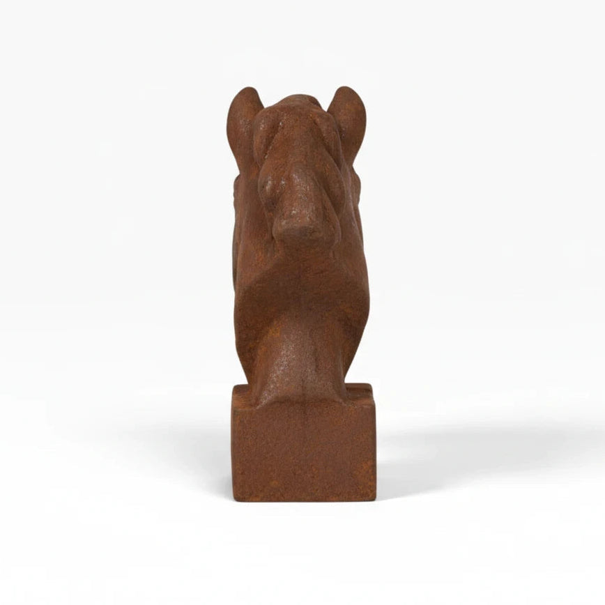 The Well by BDAntiques horse head sculpture on a base with a rustic weathered finish, viewed from the back.