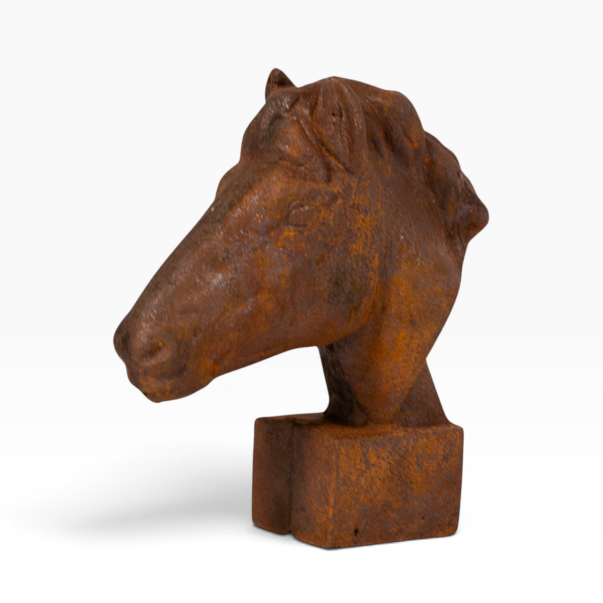 The Well by BDAntiques horse head sculpture with a rustic weathered finish on a square base for farmhouse decor.