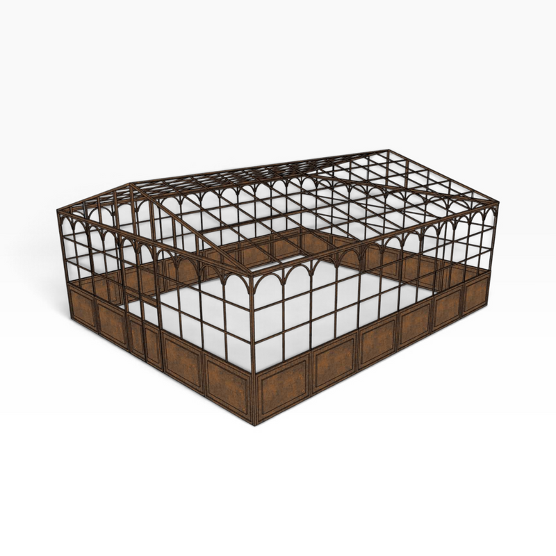 The Well by BDAntiques extra large garden greenhouse with a dark metal frame and rustic base panels on white background
