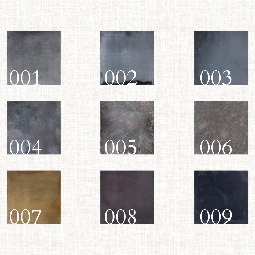 The Well by BDAntiques custom metal coffee table finish options featuring nine distinct metallic textures and tones.