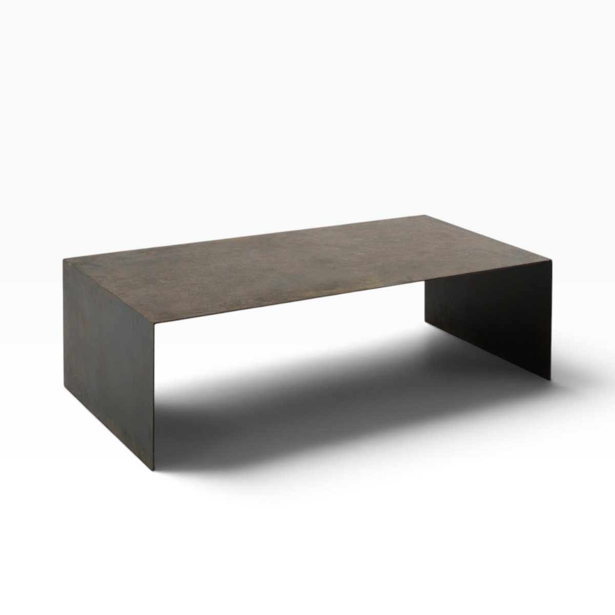 The Well by BDAntiques custom metal waterfall coffee table with a sleek, minimalist design and dark industrial finish.