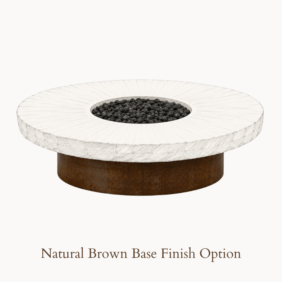 The Well by BDAntiques Millstone Fire Pit No. 1 featuring a white stone top and a natural brown metal base.