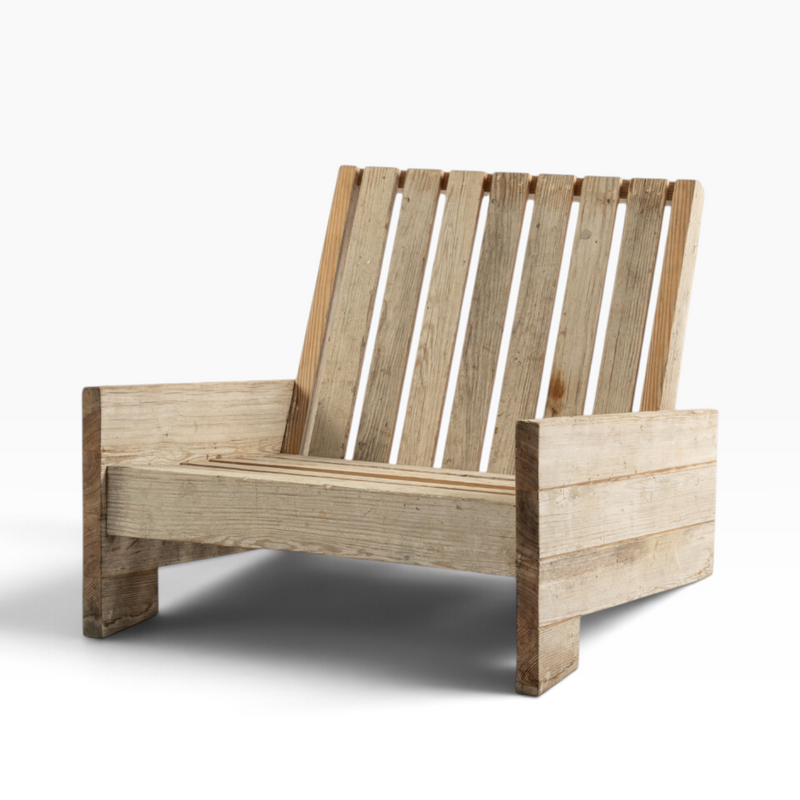 The Well by BDAntiques custom lounge chair made from reclaimed scaffolding wood with a rustic weathered finish.