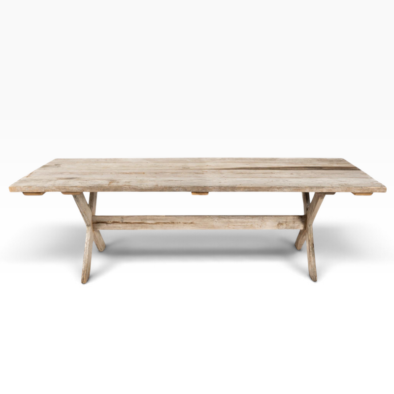 The Well by BDAntiques custom scaffolding dining table featuring a rustic reclaimed wood top and industrial frame.