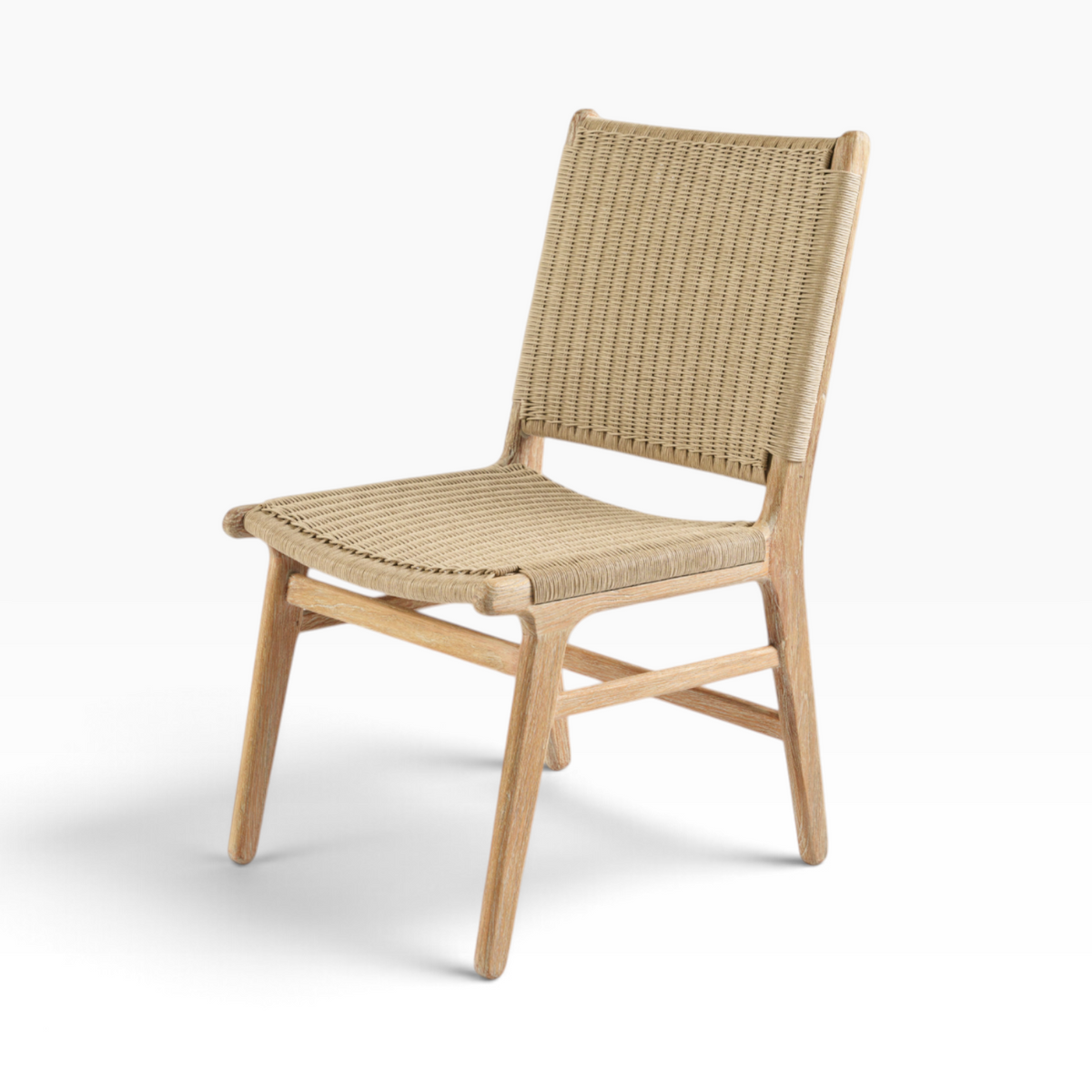 The Well by BDAntiques Sedona outdoor dining chair with a natural teak wood frame and beige resin wicker seat and back.