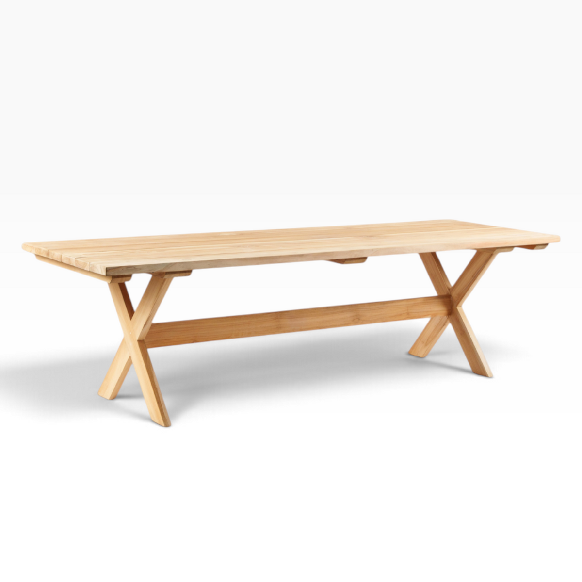 The Well by BDAntiques custom teak outdoor dining table with a classic trestle base and natural wood finish.