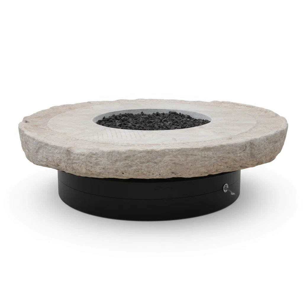The Well by BDAntiques vintage stone millstone fire pit with a black metal base and dark lava rock filler.
