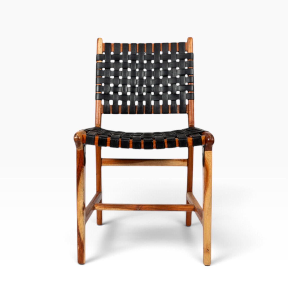The Well by BDAntiques wooden dining chair with a handwoven black leather seat and backrest on a natural wood frame.
