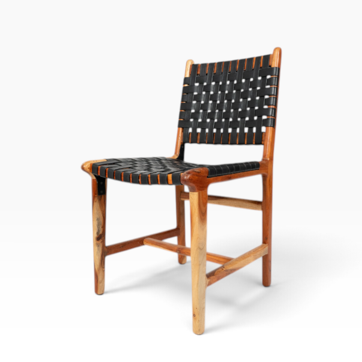The Well by BDAntiques wooden dining chair with a handwoven black leather seat and backrest on a natural wood frame.
