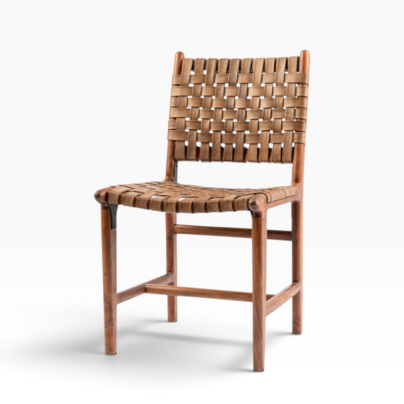The Well by BDAntiques wooden dining chair featuring a handwoven tan leather seat and backrest on a sturdy wood frame.